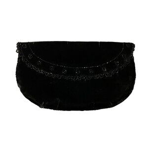 Vintage 60s Black Crushed Velvet Beaded Half Moon Clutch Evening Bag MCM Deco